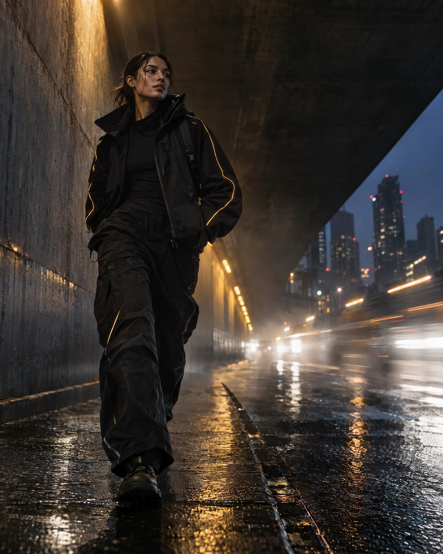 Speculative streetwear campaign visual: a model in dark clothing in a rain-lit city at night.