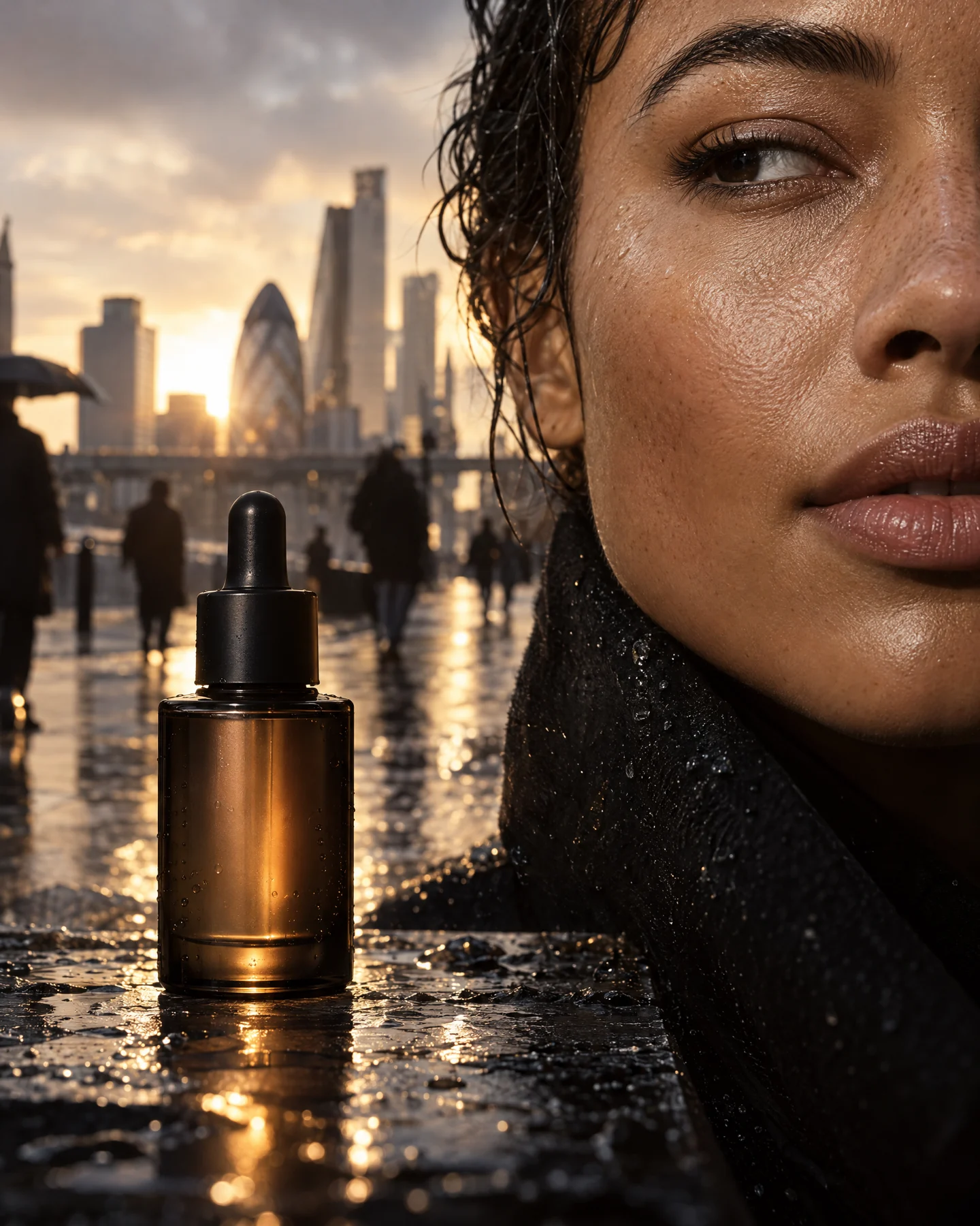 Speculative skincare campaign visual: a close-up portrait, amber bottle and city skyline at golden hour.